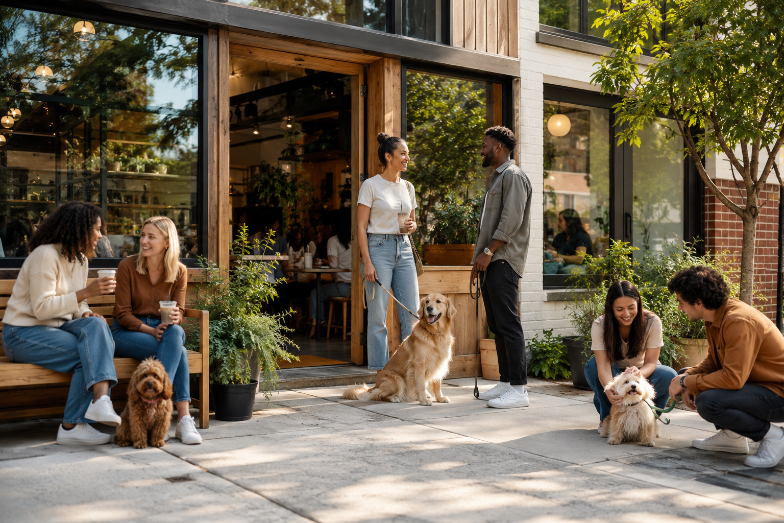 The warm, welcoming exterior of Paw & Pour Café on a sunny Tampa morning