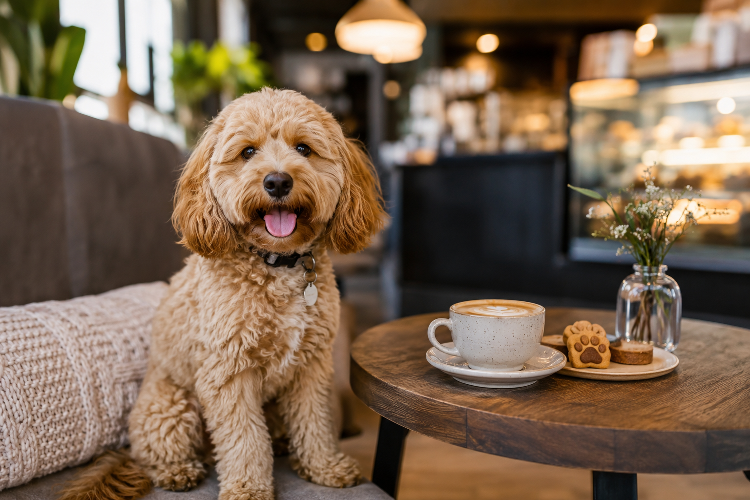 A customer and their golden retriever relaxing at a Paw & Pour table with coffees on a sunny morning