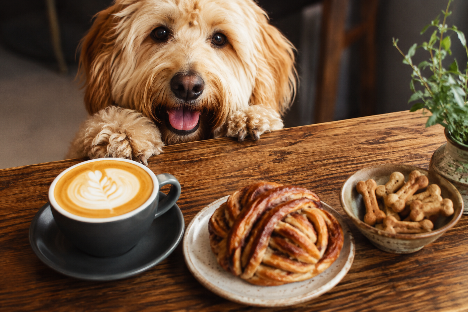 Cozy interior of Paw & Pour Café with warm lighting and customers relaxing with their dogs